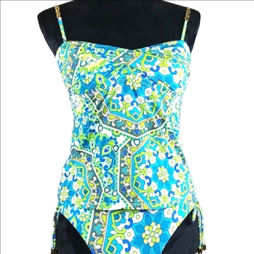 Jantzen Retro Floral Print Tankini Hipster Side Tie Bottoms Blue Yellow …